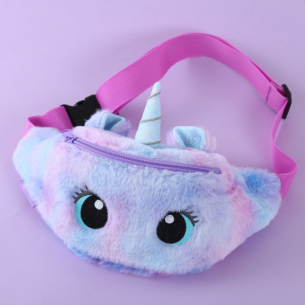 Riñonera de unicornio para niños, bolsa de cintura para niñas, cinturón de juguetes de felpa, bolsa de pecho de Color degradado, monedero de dibujos animados, bolsa de pecho de viaje: Rainbow Purple