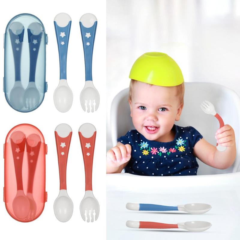 2 stuks Buigbare Baby Lepel Vork Set Zuigelingenvoeding Servies met Opbergdoos