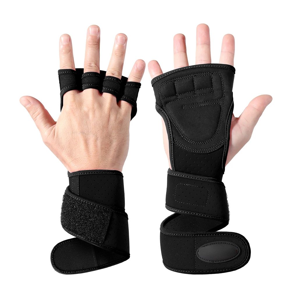 Luvas de treinamento de levantamento de peso para homens mulheres fitness esportes construção do corpo ginástica ginásio exercício mão pulso palma protetor luva: Preto / 9 polegadas