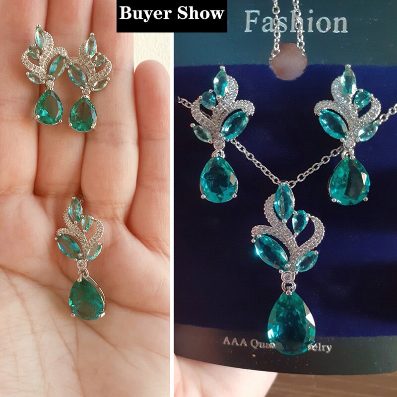 Pera Elegante Stile Coreano Luce Blu Cubic Zirconia Donne di Modo Del Pendente del Foglio Della Collana di Acqua Orecchini A Pendaglio Set di Gioielli J151