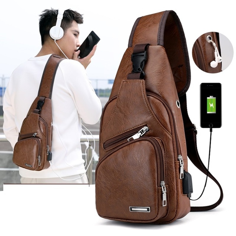 Men&#39;s Crossbody Bags Men&#39;s USB Chest Bag Messenger bag Leather Shoulder Bags Diagonal Package Back Pack Travel
