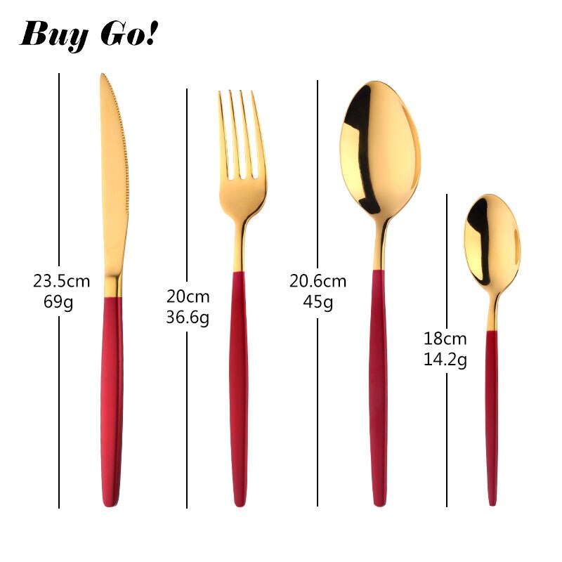 Juego de cubiertos de lujo de acero inoxidable, cuchillos, tenedores, cucharas, cubiertos de comida, mango rojo, pulido dorado, 4-24 Uds.