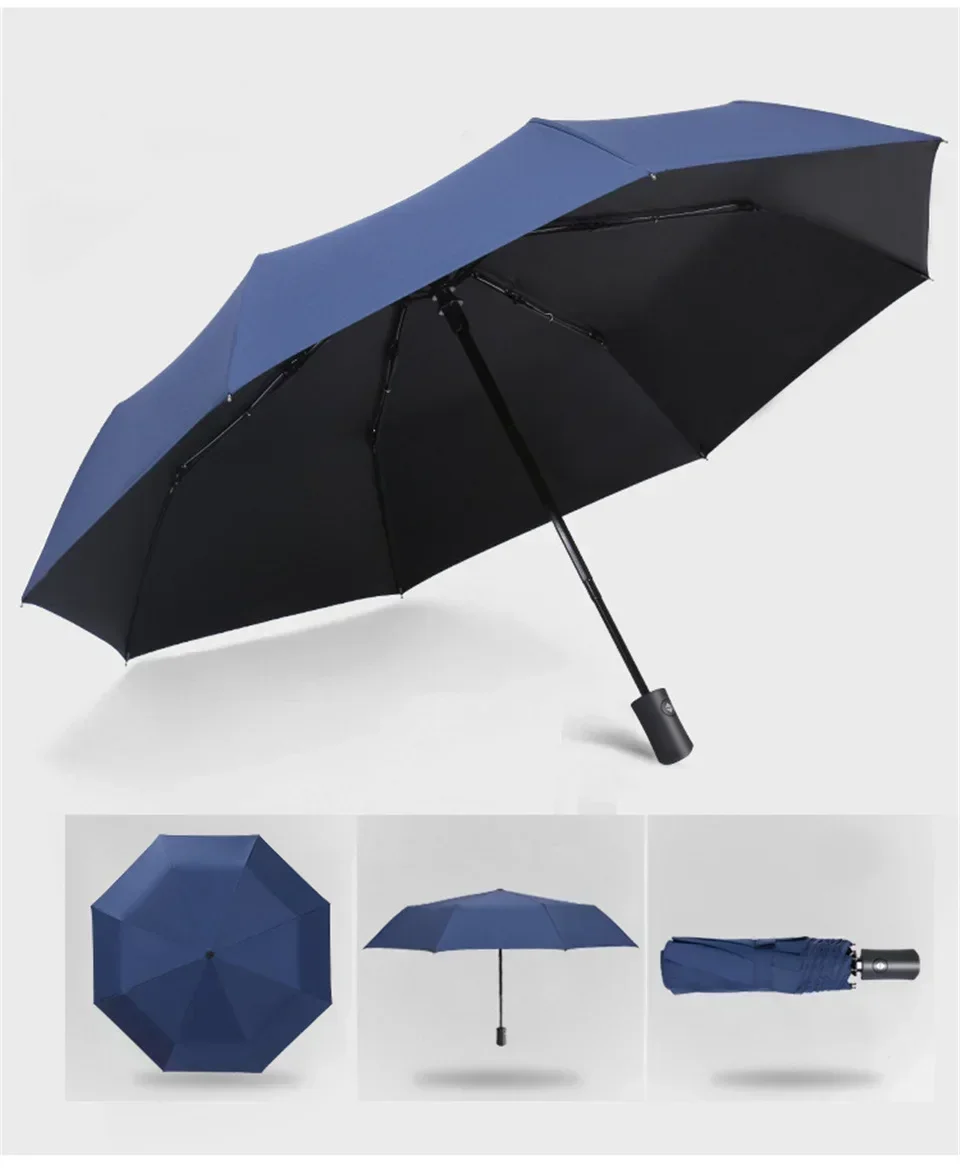 Automatischer Regen- und Sonnenschirm, schwarze Beschichtung, Sonnenschirm, Anti-UV, 3 faltbar, windbeständig, automatisch, luxuriös, groß, winddicht, für Damen und Herren, 8 Bänder