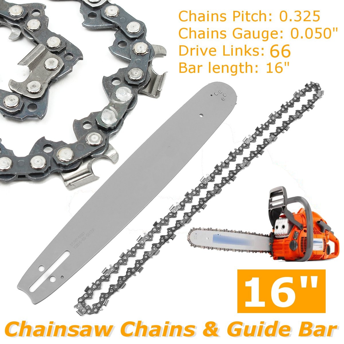 2Pcs/set 16 inch Chainsaw Chains +Guide Bar Semi Chisel Chain For Husqvarna POULAN 36 41 50 51 55 346XP 450 455 460 66DL
