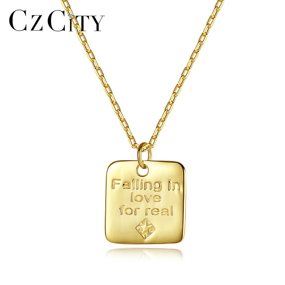 CZCITY Platz knapp Anhänger Halskette Einfache 925 Sterling Silber für Frauen & Männer 18k Gold Farbe Paar Feine Schmuck SN-390