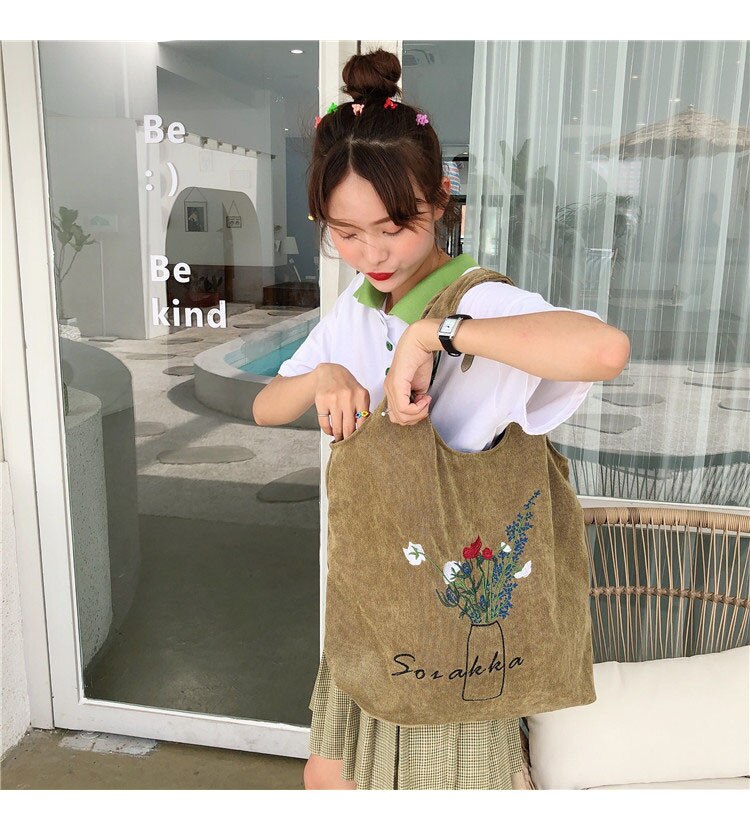 Vrouwen Borduren Canvas Boodschappentassen Dame Corduroy Schoudertas Grote Capaciteit Eco Katoenen Doek Handtas Tote