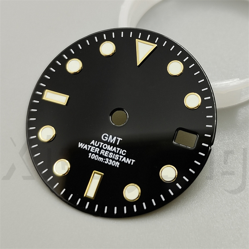 29mm Glossy Watch Dial Black White blue Dial Green Blue Red Orange GMT Text Black Gold Rose Edge Fit NH34 Movement C3 Luminous: Blue