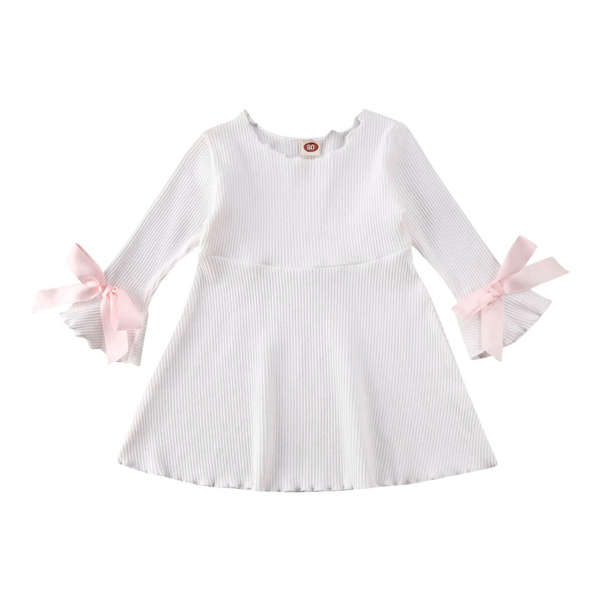 Baby Spring Autumn Clothing Toddler Baby Girl Princess Pageant Party Flare Long Sleeve Dress Ribbed Bow Solid Dresses: White / 18M