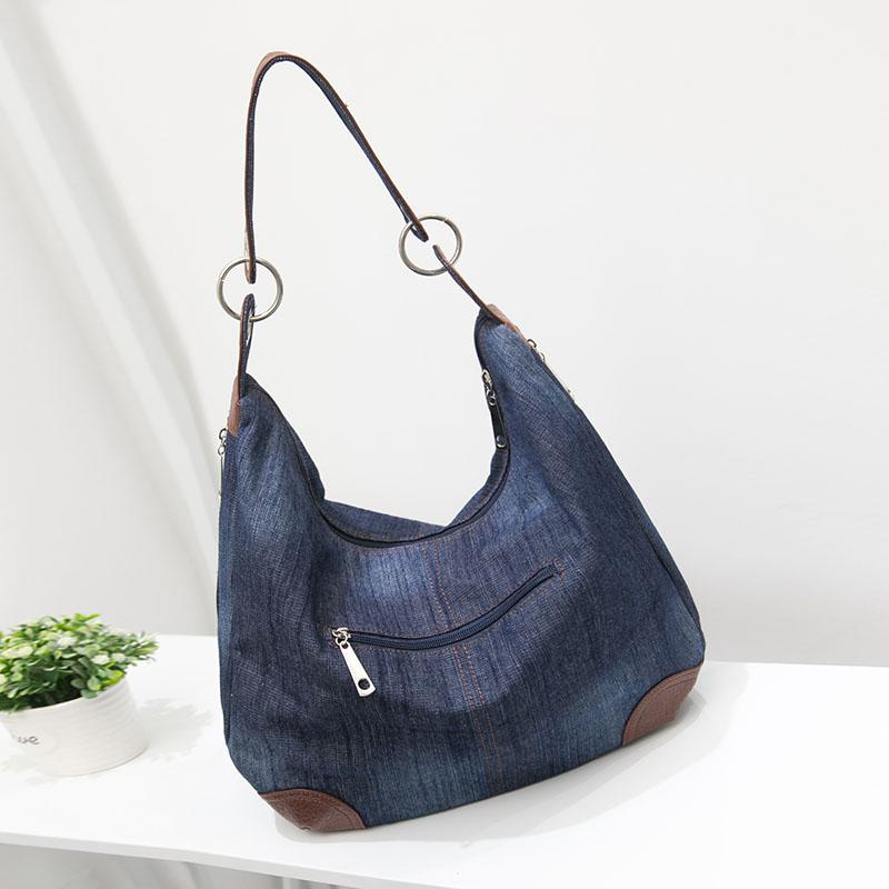 Women Denim Tote Bag Casual Canvas Jean Large Capacity Top Handle Bag One Shoulder Bags: dark blue