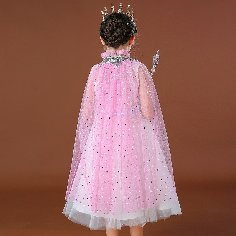 Boiiwant 4-10t pige regnbue pailletter kappe kappe kostume snoretræk tyl prinsesse sofia jasmin aurora fancy dress up kappe: Lilla / 7 to 10t
