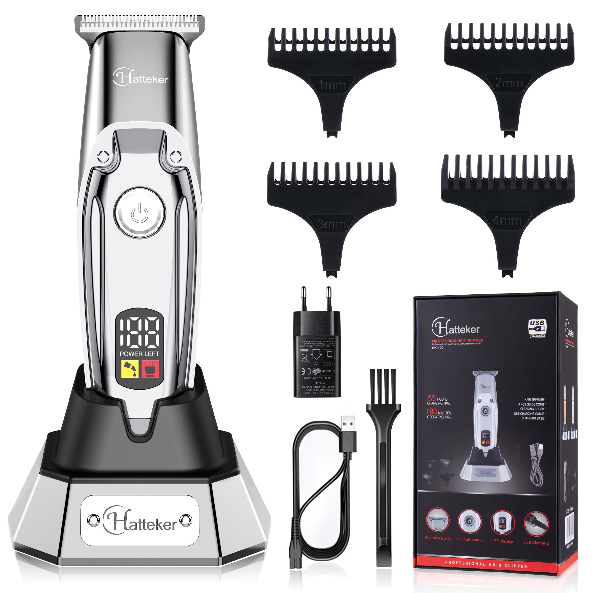 Hatteker Tondeuse Voor Man Professionele Draadloze Brood Trimmer Elektrische Thuis Haar Cutter Gommer Kit Voor Baber: Zilver