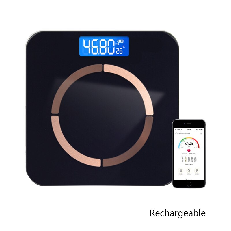 USB Charging Weight Scale Smart Body Fat Scale Bluetooth Electronic Scale Fat Measuring Tool App Floor Scales весы напольные: Black A