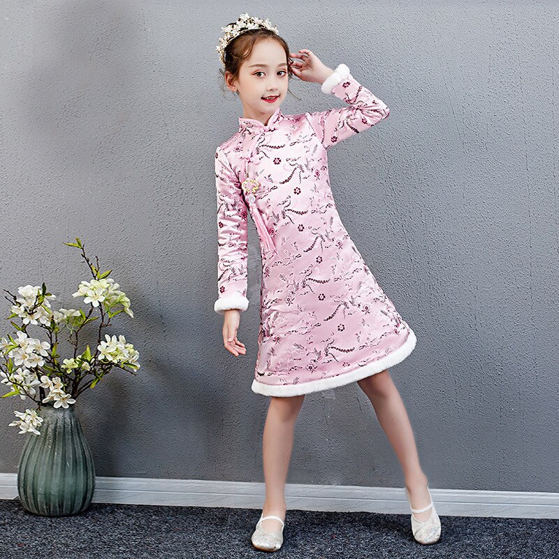 Hiver fleur fille robe pour mariage demoiselle d'honneur fête chinois Cheongsam robe fille fête d'anniversaire exécutant eucharistie robe