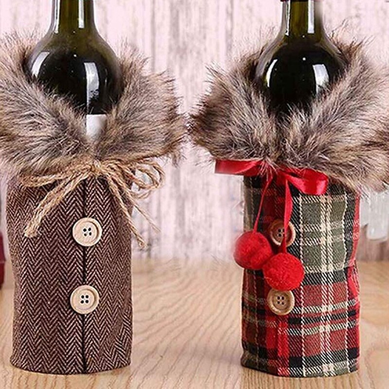 2 stk juletrøje vinflaskedæksel, nyeste krave og knapfrakke vinflaske sweater vinflaskekjole sæt xmas p