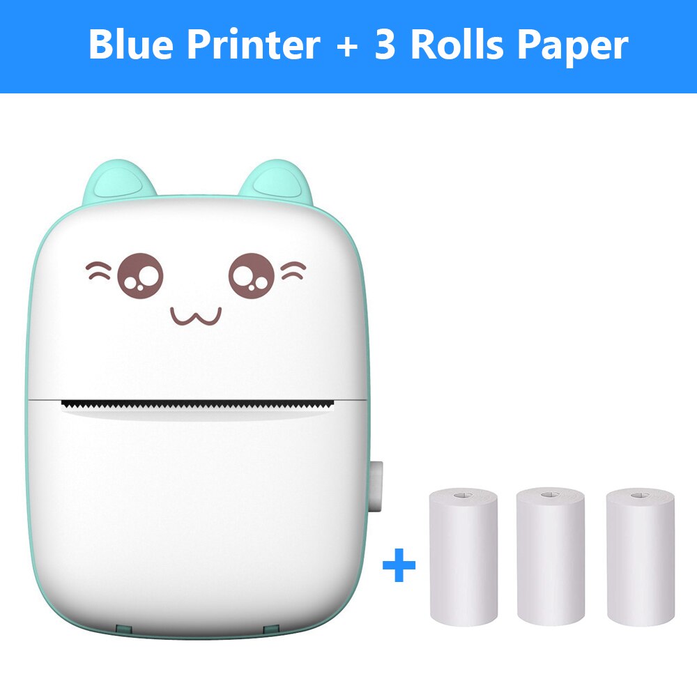 Mini Printer Portable Thermal Printing Machine Bluetooth Mini Photo Picture Label Printer for Android iOS DIY Home Use Printer: Blue add 3Papers