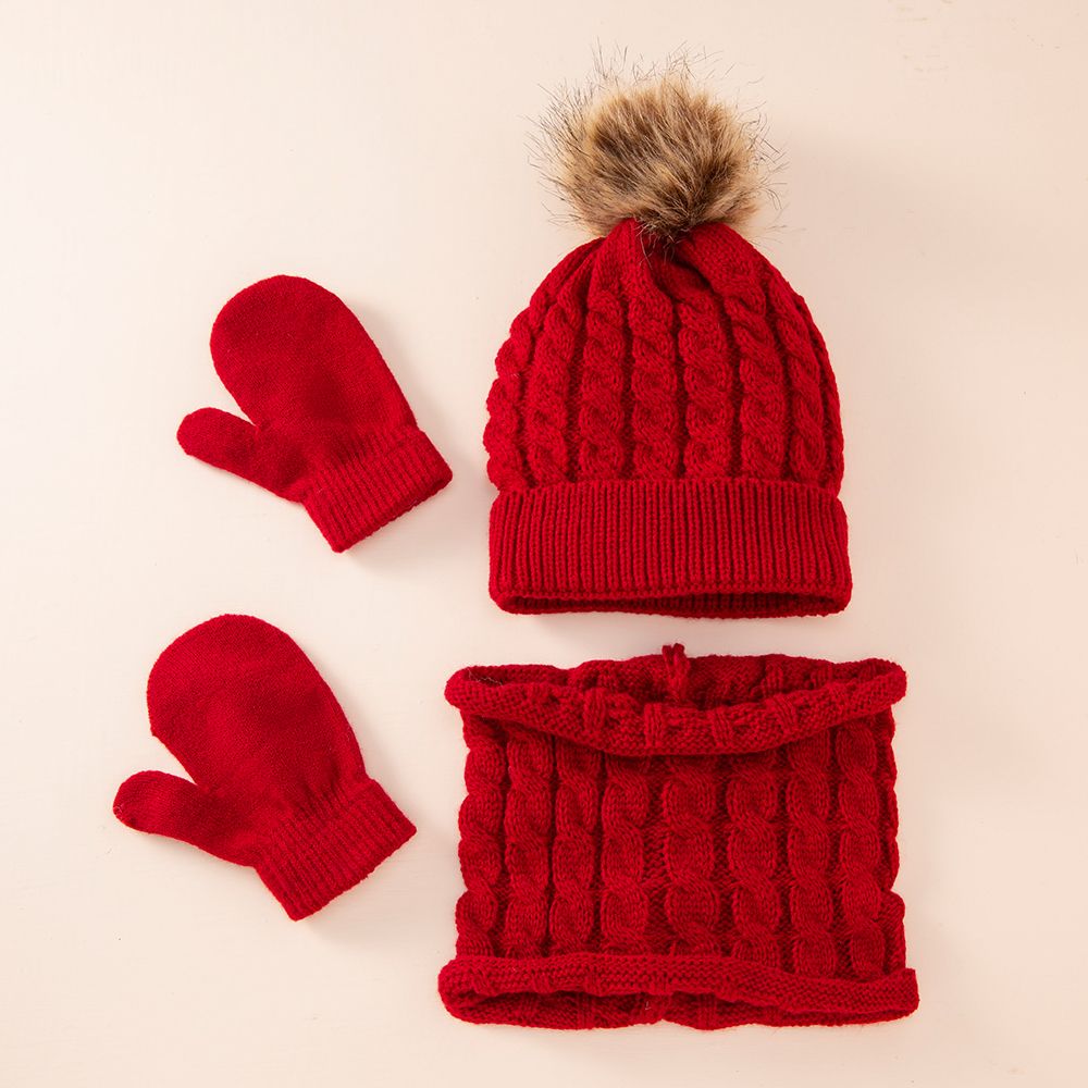 3Pcs/Set Cute Hat Scarf Gloves Set Solid Color Cotton Caps Winter Warm Accessories For Kids 0-3 Years Boys Girls Children: red