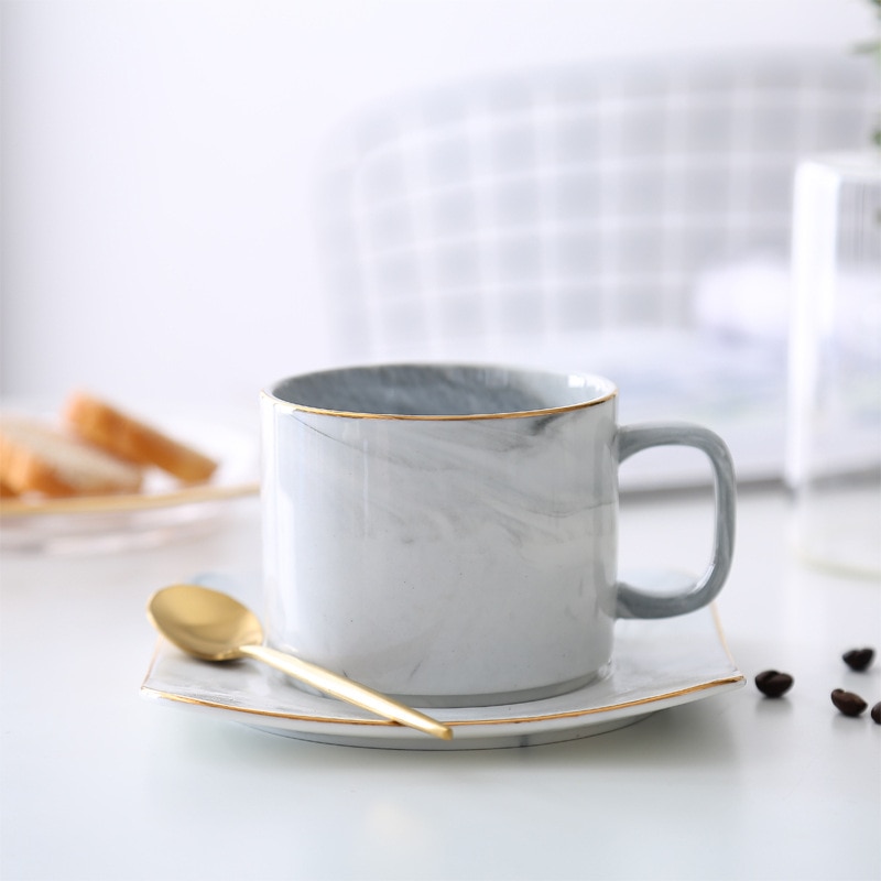 Kaffekopp och fat i marmor keramisk tevattenkopp porslin återanvändbar nespresso latte cappuccinokoppar 220ml