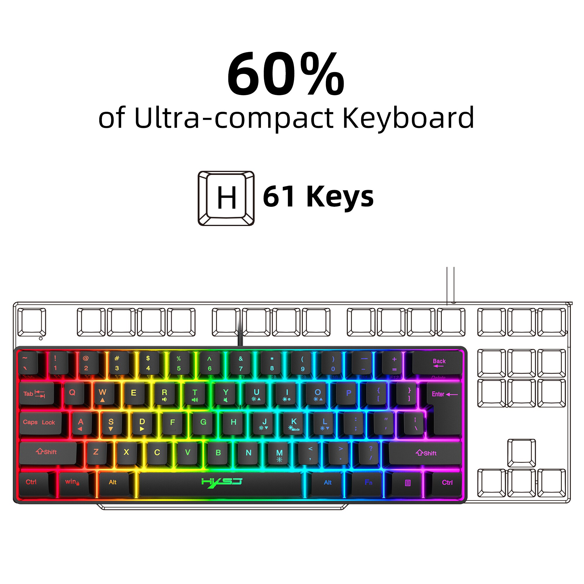 HXSJ Gaming Keyboard 61 Keys RGB Backlit 60% 60 Business Keyboard US Wired Wireless Bluetooth Mini Compact PC Gamer MAC PS4