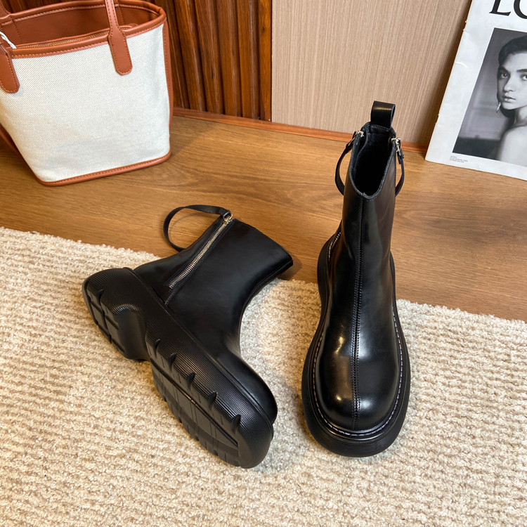 Thick Heel Platform Chelsea Boots for Women Zipper Boots Winter Round Toe Boots PU Leather Riding Boots: black / 39