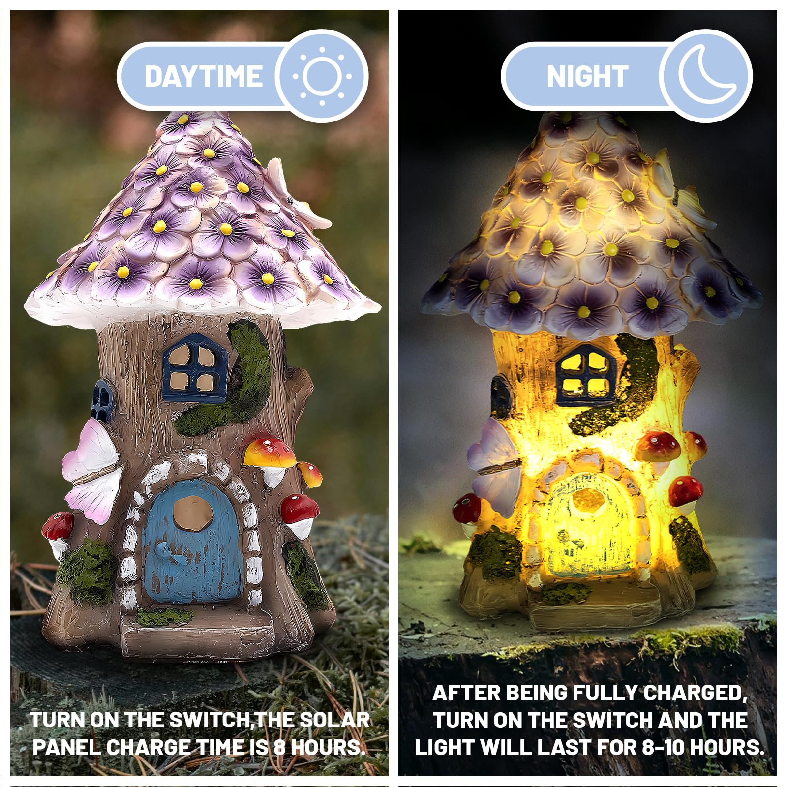 Estatua solar al aire libre de la casa del jardín de hadas, figuras de setas iluminadas, decoraciones de césped para patio, hadas para casa en miniatura