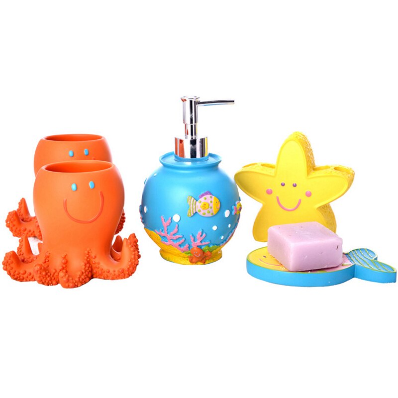 Bathroom Accessories Set 5 Pieces Lovely Devilfish Star-Fish Bathroom Decorative Set Kids' Room Ornament Resin