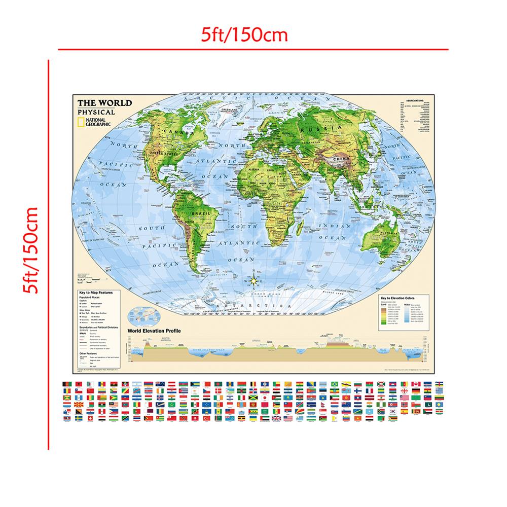150X150 Cm Wereldkaart Elevatie Profiel Met Sleutel Tot Kaart Functies En Elevatie Kleuren Non-woven Opvouwbare wereldkaart Met Vlag