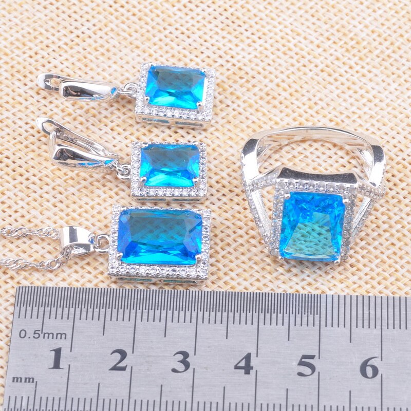 Argento di Colore Set di Gioielli Per Le Donne di Nozze di Cristallo Blu 2020 Orecchini di Modo Anelli Della Collana Del Braccialetto regali di natale Z0727