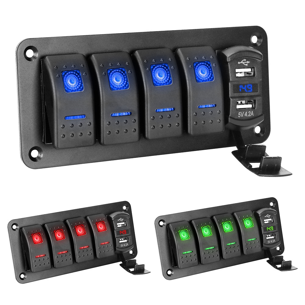 Voltímetro Digital para coche marino, impermeable, doble puerto USB, 4 bandas de palanca de interruptor basculante, 12V/24V, Panel de interruptor LED + pegatina