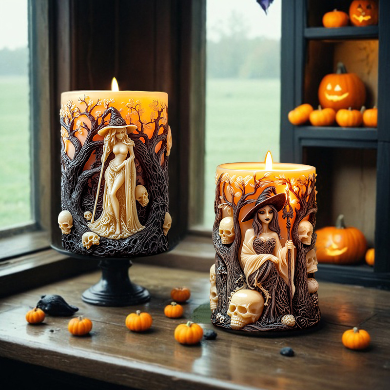 2025 Hexe Zylinder Kerze Silikonform Totenkopf Relief Zylinder Harz Silikonform Halloween Hexe Zylinder Gips Formen