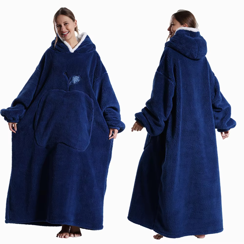 Nuevas mantas extra largas para usar, manta con capucha de franela de invierno con mangas completas, manta suave y acogedora para hombres y mujeres, manta cálida para TV para adultos: Azul oscuro