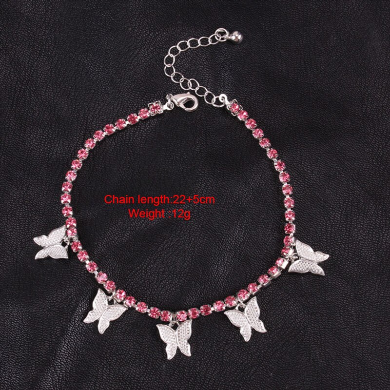 Cz Tennis Chain Crystal Vlinder Hanger Armband Sieraden Voor Vrouwen Iced Out Bling Leuke Roze Armband Zomer Strand Voet Keten