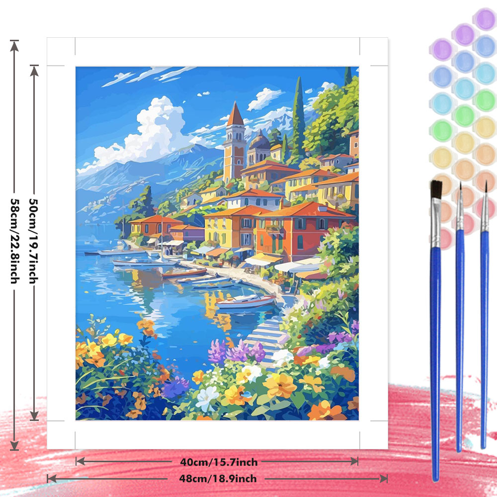 Schilderen op nummer Kits Italiaanse kuststadscène Artistieke achtergrond Digitaal olieverfschilderij Landschap Kleuren Artcraft Handverf