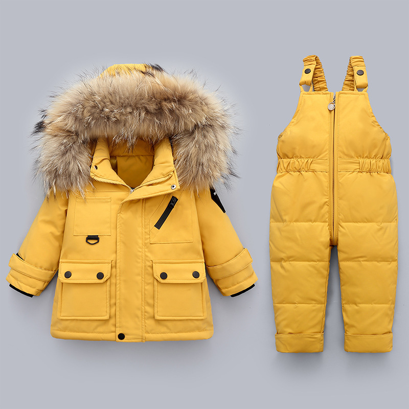 russische Winter Jungen Schneeanzug Wasserdicht Mit Kapuze Unten Jacke Für Mädchen 1 2 3 4 Jahre freundlicher Gesamt Kleinkind Baby kleidung einstellen: Gelb / 9m