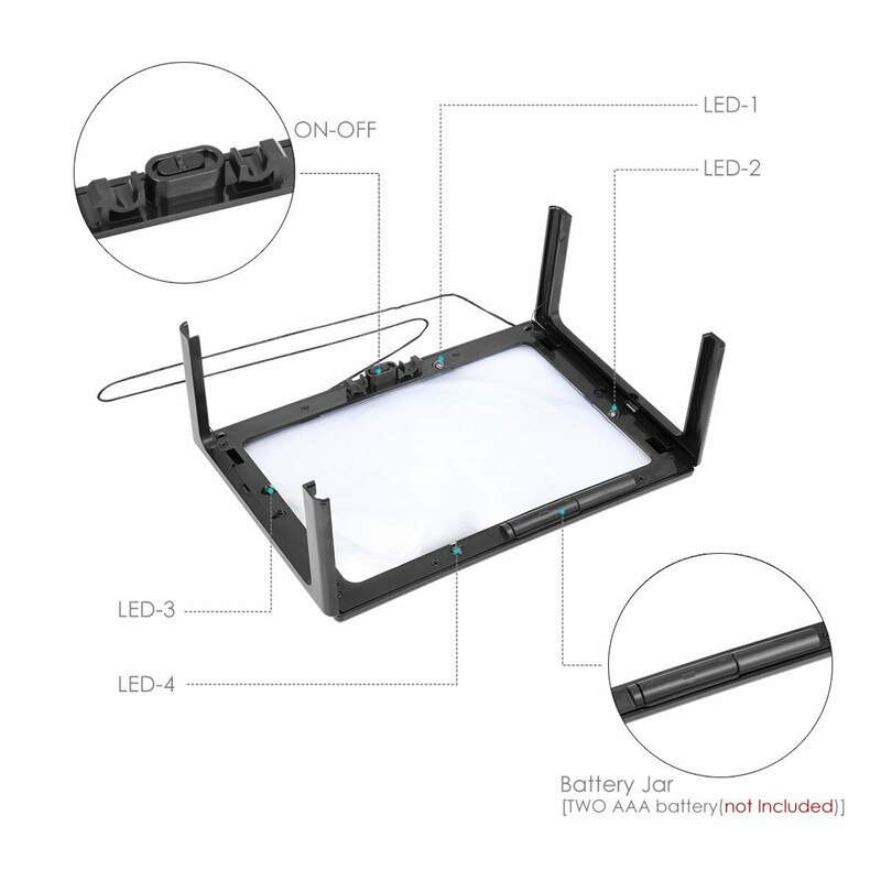 Handheld Magnifying Glass 3X Reading Magnifier A4 Full Page Books Reading Aid Book Reading Aid Lens With LED Light