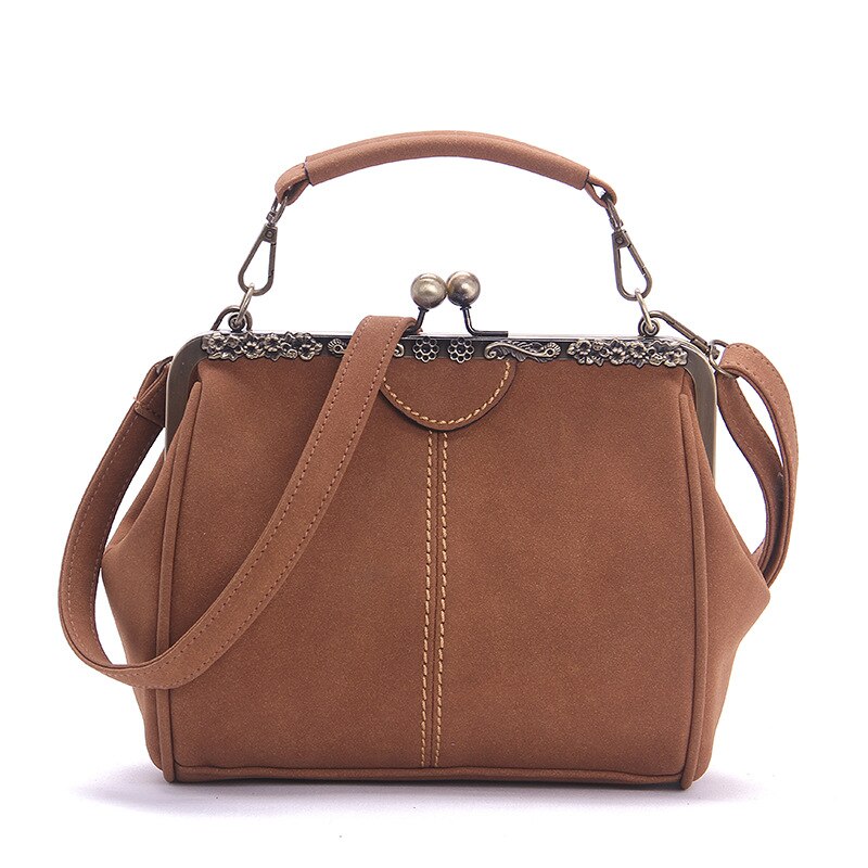 Jahrgang frauen Handtaschen Kuss Schloss Gerahmte Kupplung Tasche Taschen Schulter Umhängetaschen Frauen gefrostet PU Leder Dame Tasche: Frauen Tasche Braun