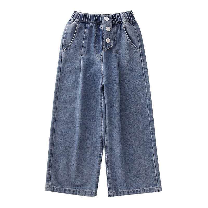 Girls Spring Autumn Wide Leg Denim Pants Solid Elastic Waist Kids Jeans Korean Straight 3-13 Years Old Children's Trousers