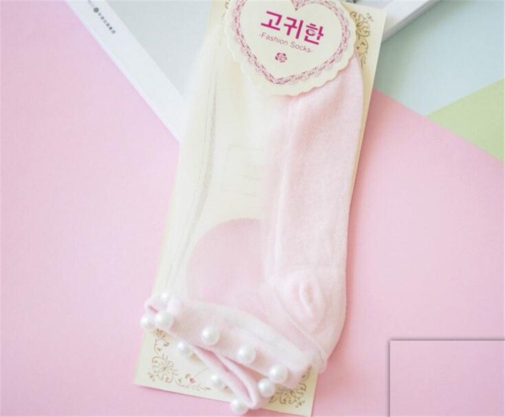 Lolita jeune fille japonaise belle avec perle femme chaussettes courtes multiples couleurs coton Socks B426: light pink