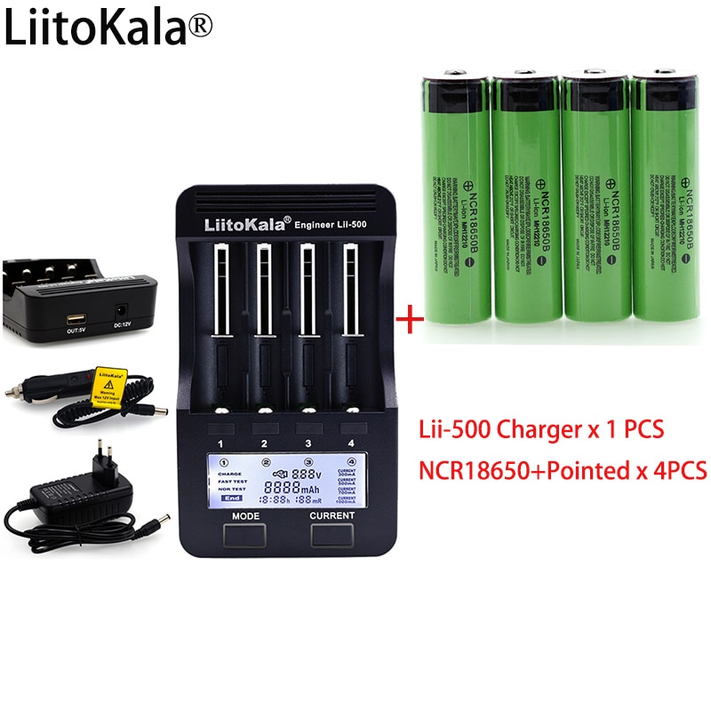 Liitokala Lii-500 Lcd 3.7V 18650 26650 1.2V Aa Battery Charger + 4 Stuks NCR18650B 3400Mah + Spitse voor Zaklamp Batterijen