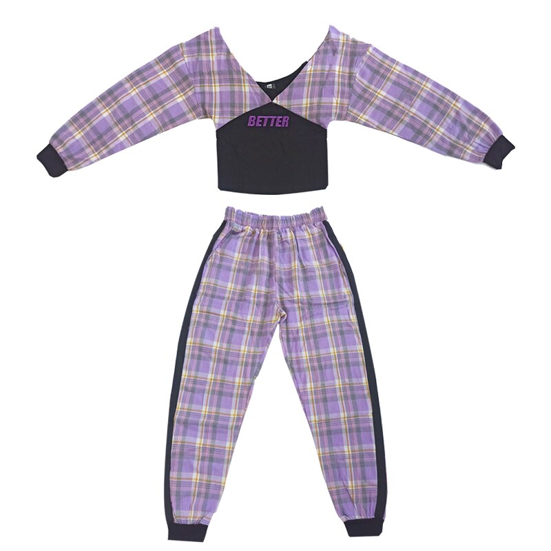 Jazz dans kostumer lilla plaid hiphop jakkesæt piger jazz street dance tøj børn hip hop træningstøj dqs 5556: 2 stk / 160cm