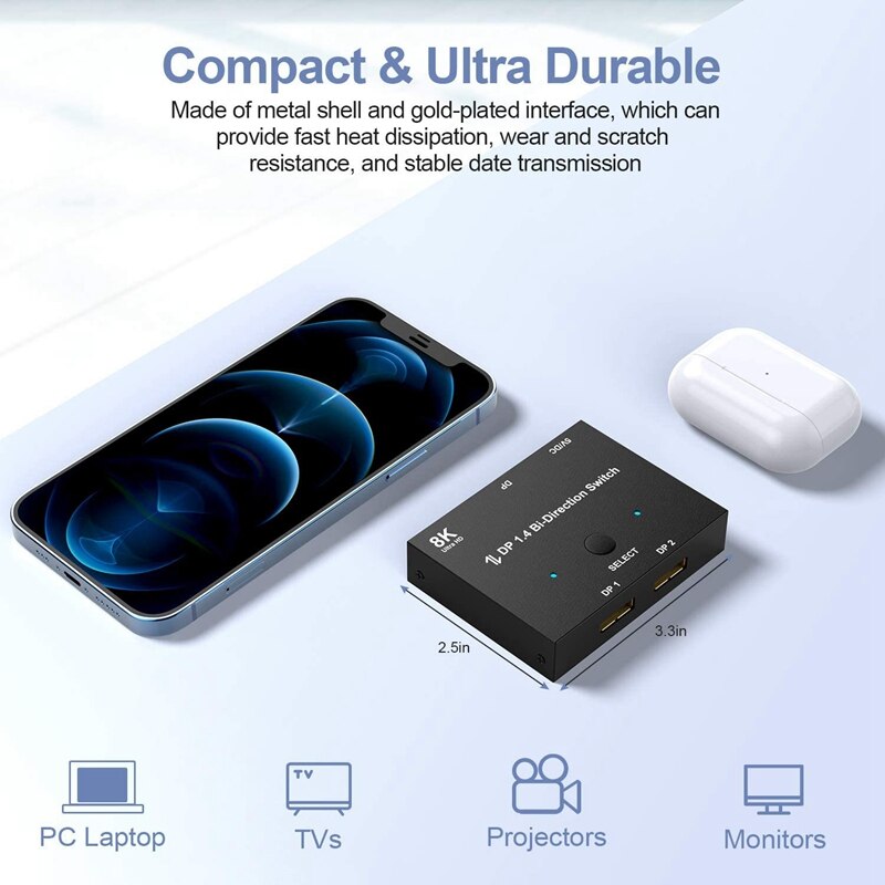 Displayport Switch, 8K Bidirectional DisplayPort 1.4 Switch Converter DP 1 X 2 Splitter for PC Projectors Monitors