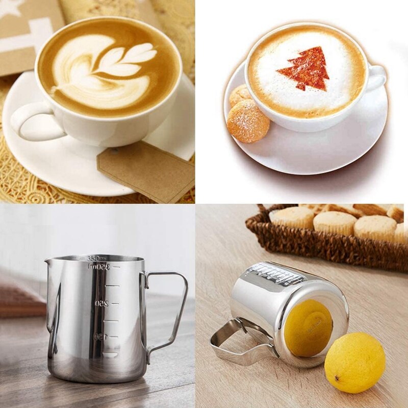 Stainless Steel Milk Frothing Pitcher, Measurements on Both Sides Inside, Milk Jug Cup with Decorating Pen