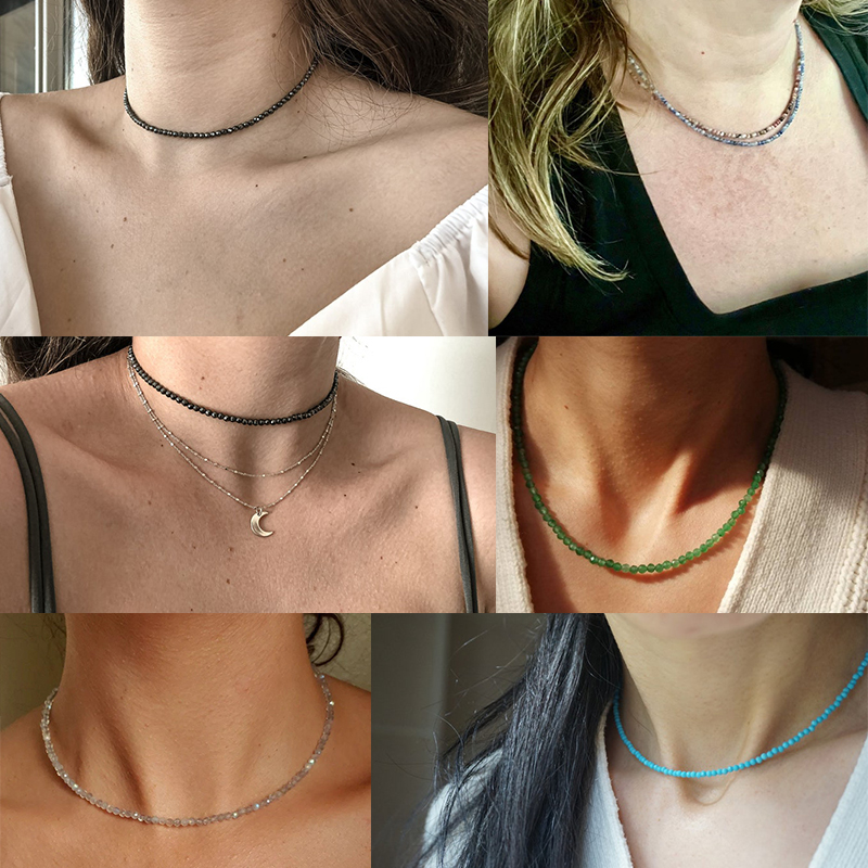 Facetteret halskæde med 2mm perler, mini natursten ametyster, kvarts, agat, choker, minimalistisk fest, smykker til mænd og kvinder