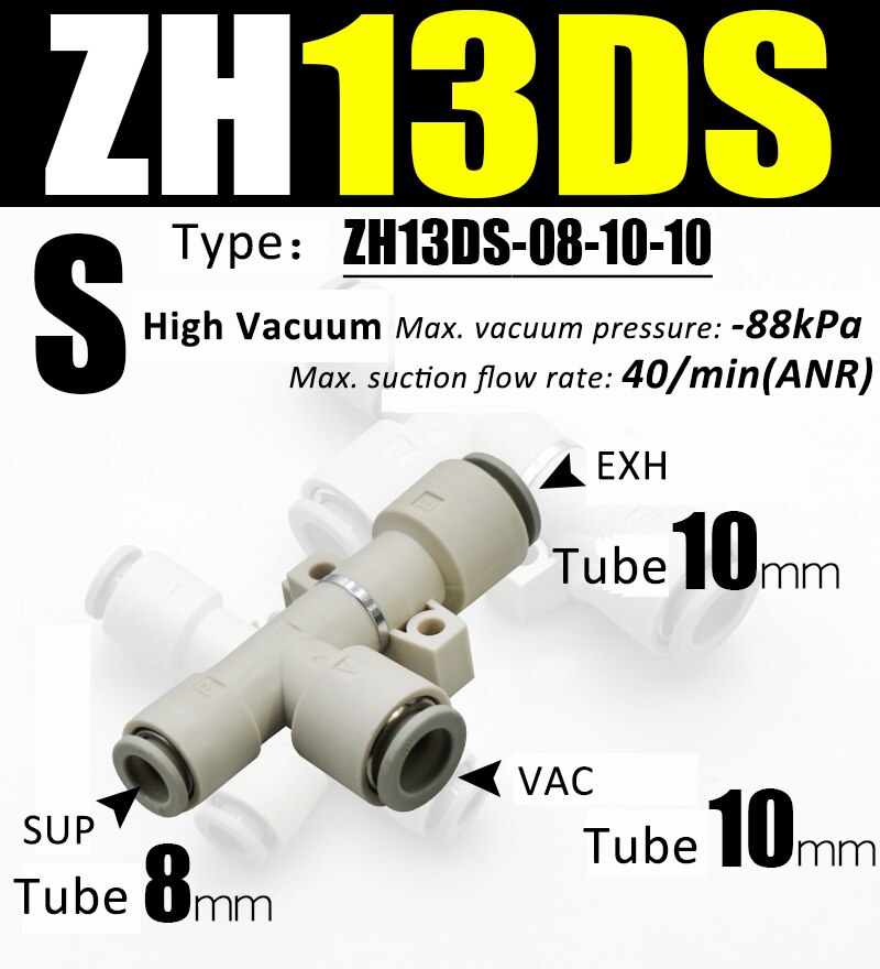 ZH Vacuum pneumatic ejector ZH05DL-06-06-06 pneumatic vacuum generator negative pressure vacuum connector ZH05/07/10/13 DL DS: ZH13DS-08-10-10