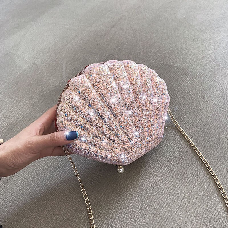 Bolso de hombro con lentejuelas y cadena para mujer, bandolera de piel sintética con forma de concha,