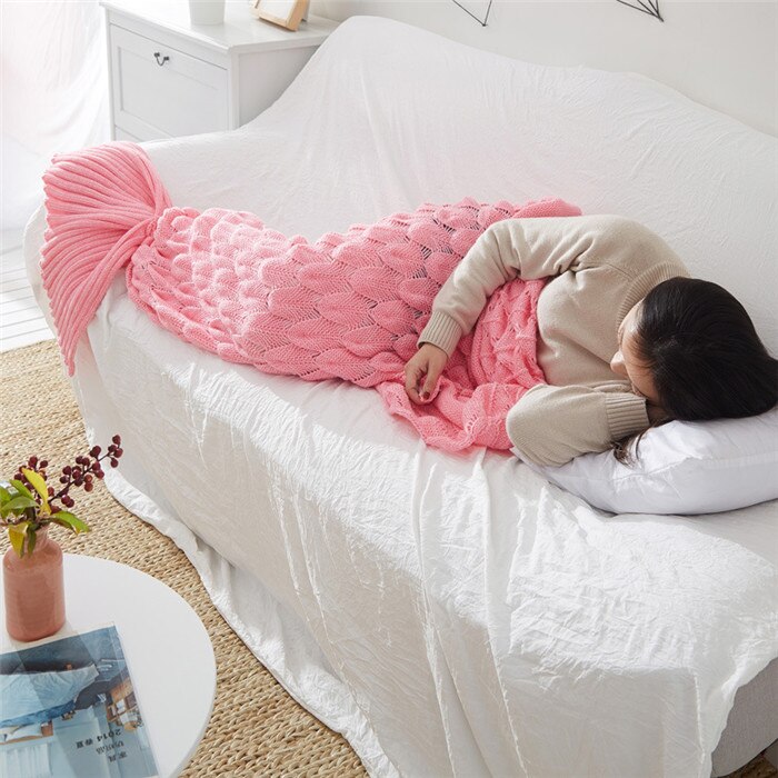 JDDTON Mermaid Tail Blanket Adult Knitted Soft Comfort Colorful Blankets Home Picnic Warm Crochet Handmade Sleeping Bag BE147: Pink / 60x140cm