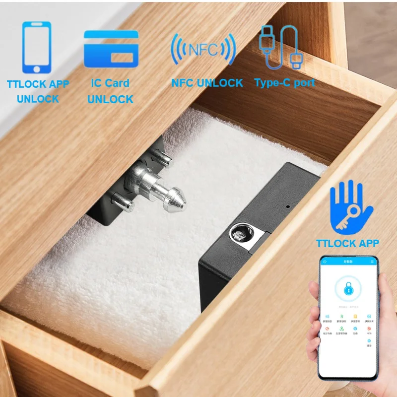 TTlock smart Dørlås - App, IC-kort, NFC, Klokke Opplåsynge - til Skuffe og Skap