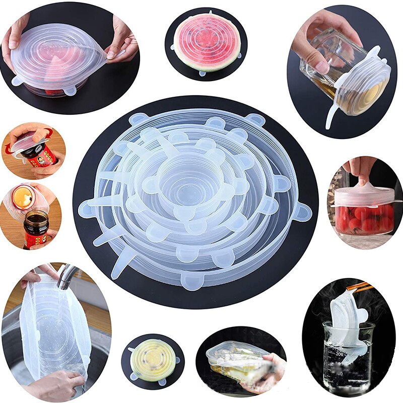 6/12Pcs Adaptable Silicone Lids Reusable Universal Food lids Cover Stretchable Washable Silicone Food Wrap Lid Kitchen Accessor