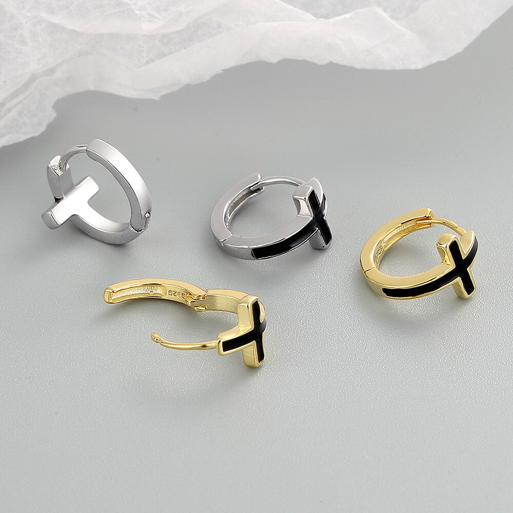 Livvy simples preto cruz pequena argola prata cor brincos para homem e mulher hip-hop punk rua jóias