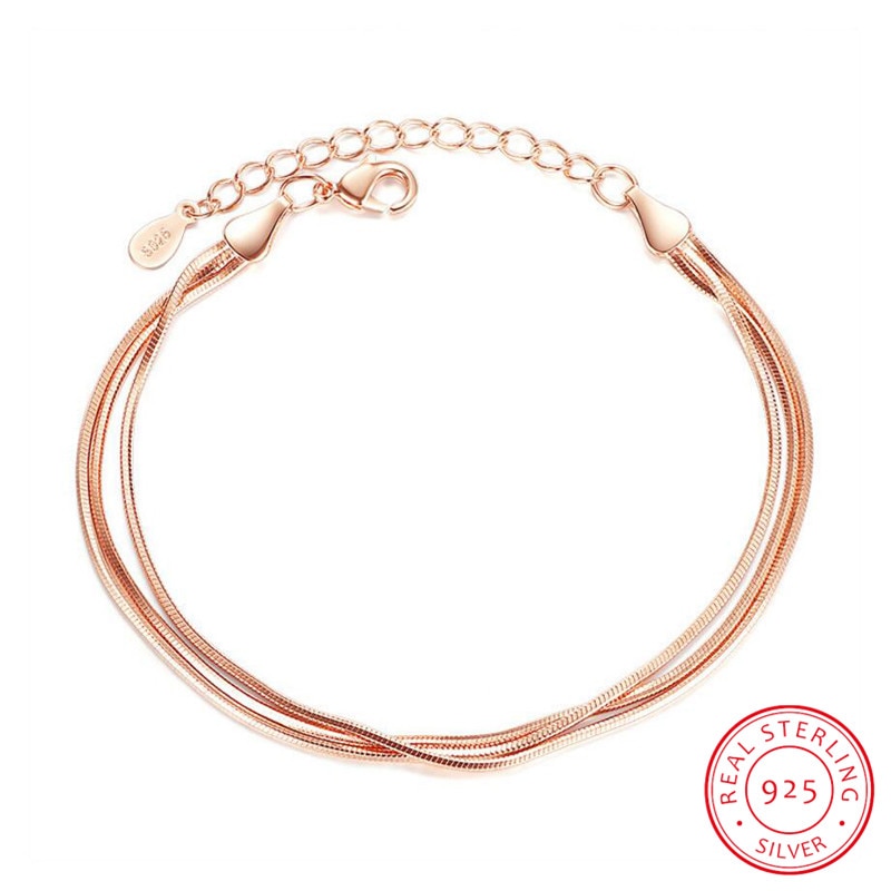 Real Pure 925 Sterling Silver Flat Snake Chain Bracelet Female Rose Gold Wristband Armband Women Bracelet Femme Argent SB014