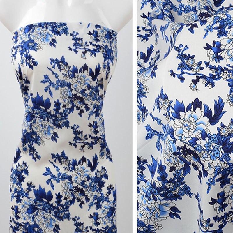 100% Rayon Smooth Blue and White Porcelain Fabric 100x140cm Floral Fabric Patchwork DIY Sewing Cloth Dress Home Decor